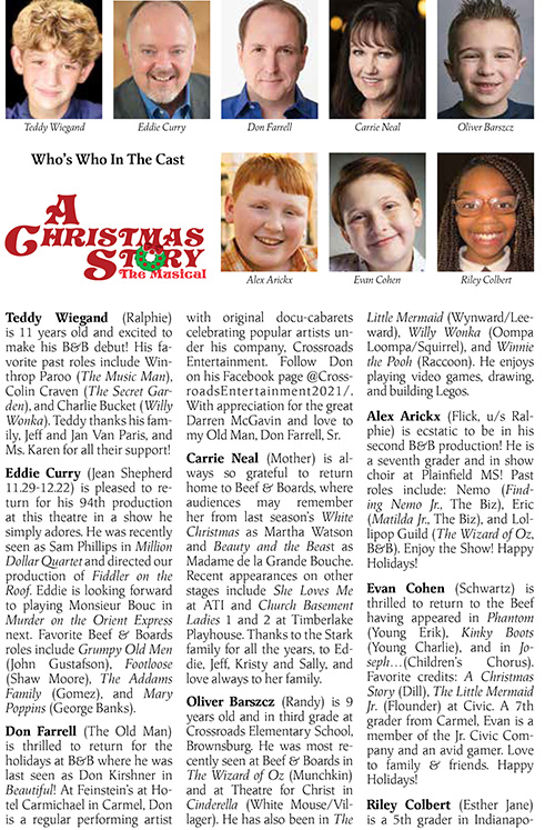 Image with headshots and bios for the cast of A Christmas Story at Beef & Boards Dinner Theatre