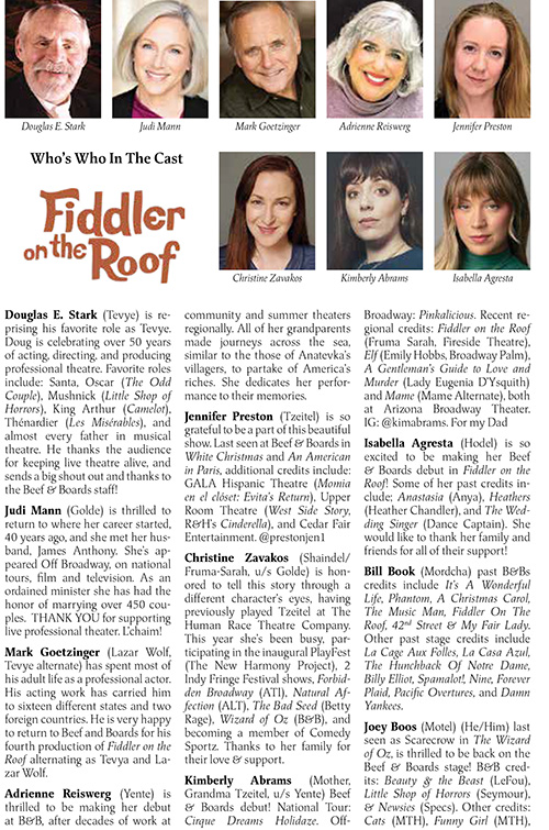 Image with headshots and bios for the cast of Fiddler on the Roof at Beef & Boards Dinner Theatre