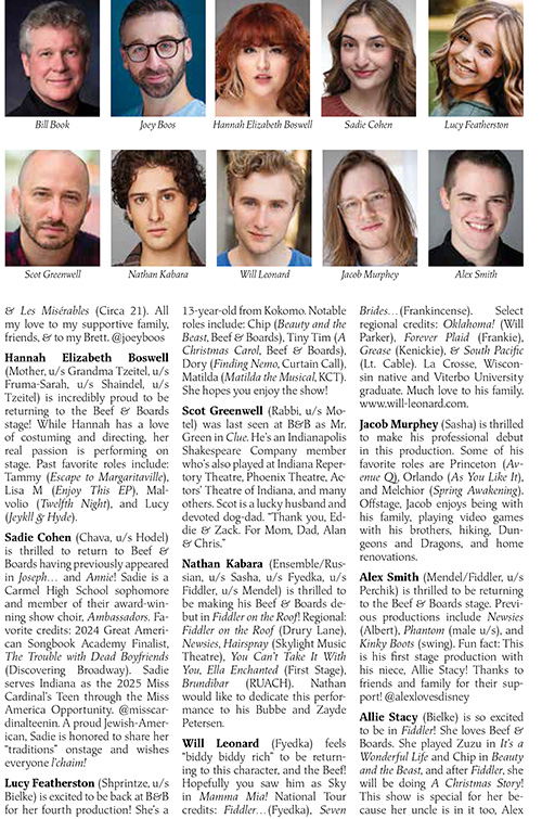 Image with headshots and bios for the cast of Fiddler on the Roof at Beef & Boards Dinner Theatre