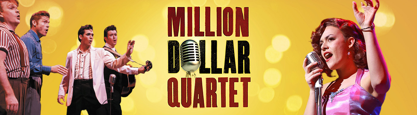 Million Dollar Quartet logo with image of female singer and rock and roll quartet 