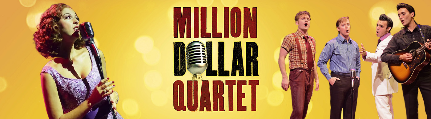 Million Dollar Quartet logo with image of female singer and rock and roll quartet 