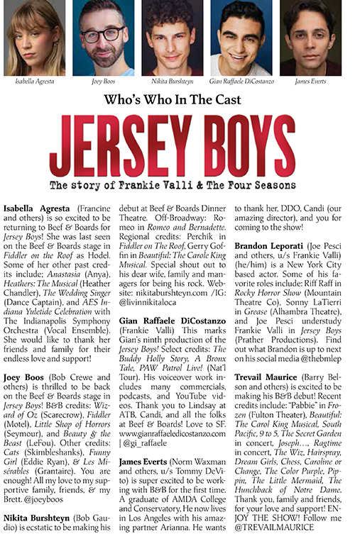 Image with headshots and bios for the cast of Jersey Boys at Beef & Boards Dinner Theatre