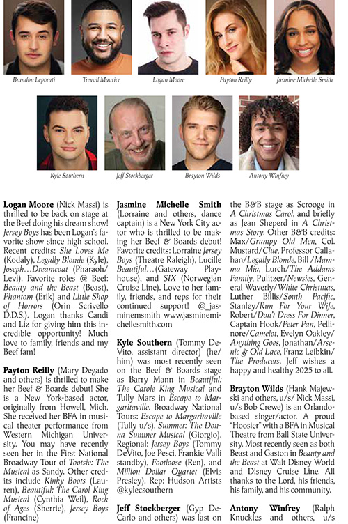 Image with headshots and bios for the cast of Jersey Boys at Beef & Boards Dinner Theatre