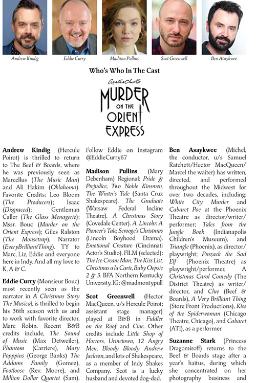 Image with headshots and bios for the cast of Murder on the Orient Express at Beef & Boards Dinner Theatre