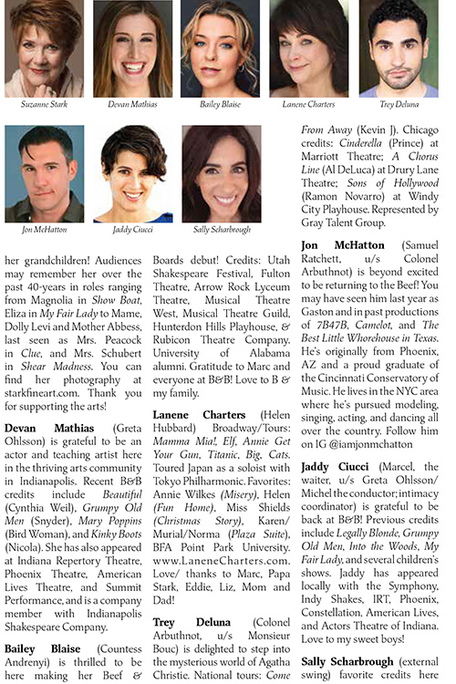 Image with headshots and bios for the cast of Murder on the Orient Express at Beef & Boards Dinner Theatre