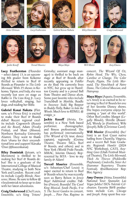 Image with headshots and bios for the cast of Disney's The Little Mermaid at Beef & Boards Dinner Theatre