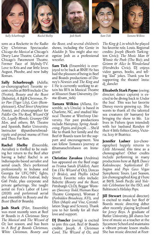Image with headshots and bios for the cast of Disney's The Little Mermaid at Beef & Boards Dinner Theatre