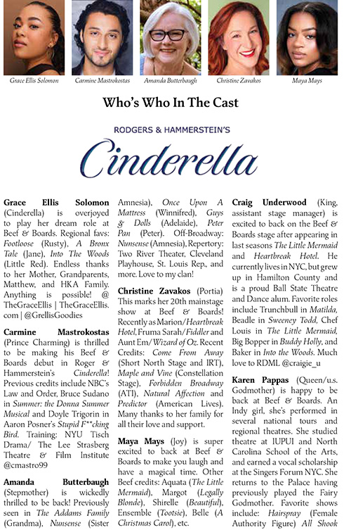 Image with headshots and bios for the cast of Cinderella at Beef & Boards Dinner Theatre