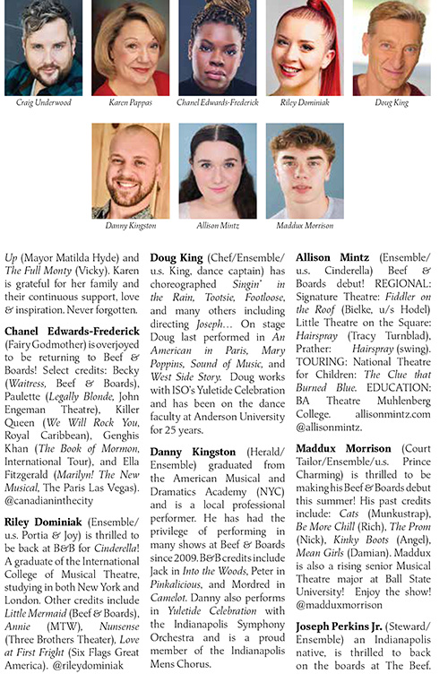 Image with headshots and bios for the cast of Cinderella at Beef & Boards Dinner Theatre