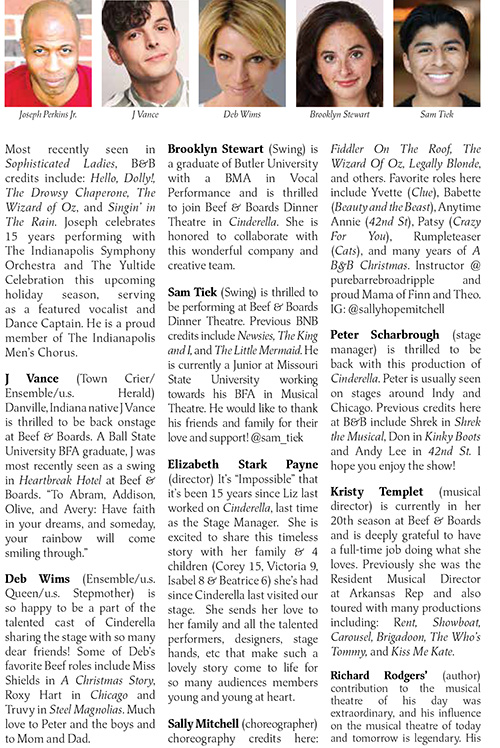 Image with headshots and bios for the cast of Cinderella at Beef & Boards Dinner Theatre