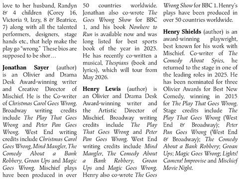Image with headshots and bios for the cast of The Play that Goes Wrong at Beef & Boards Dinner Theatre